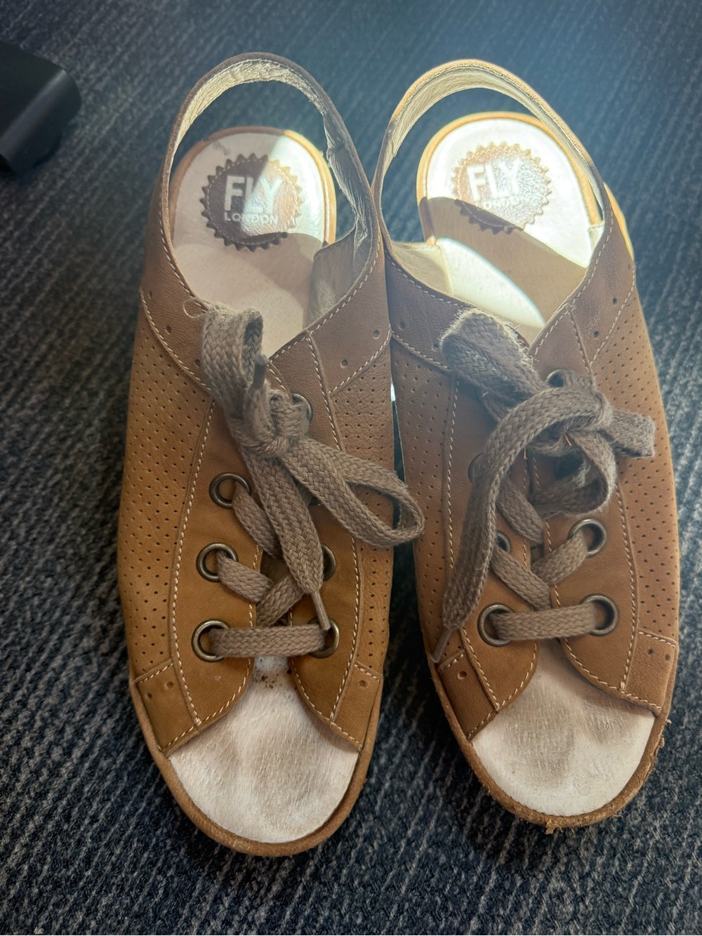 FLY London Tan Lace-Up Perforated Open-Toe sandals